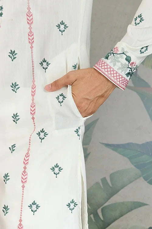 Wedding Special White Embroidered Silk Kurta