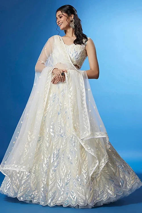 White Soft Net Bollywood Sequins Lehenga Set Online