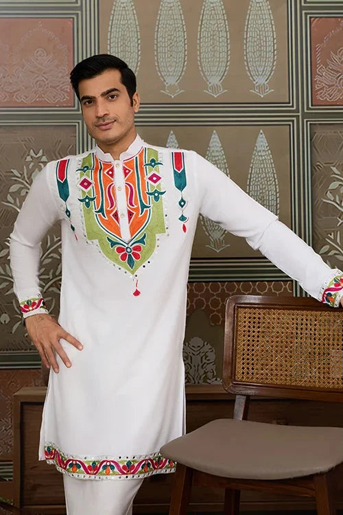 White Traditional Designer Festival Wear Kurta for Men