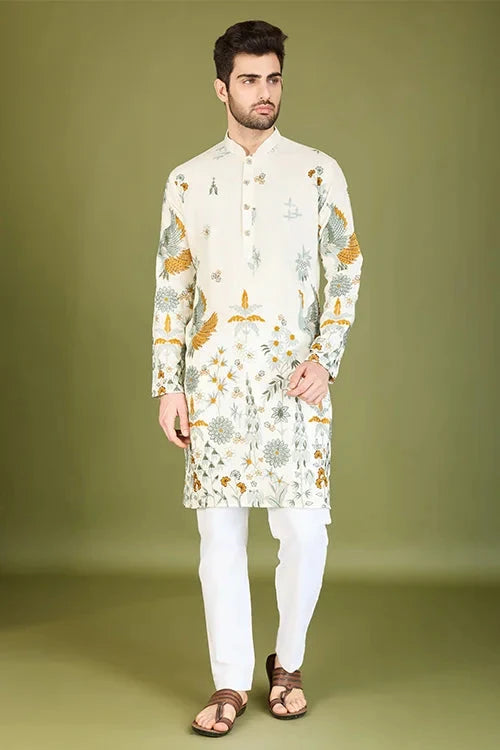 White Viscose Rayon Designer Kurta for Men