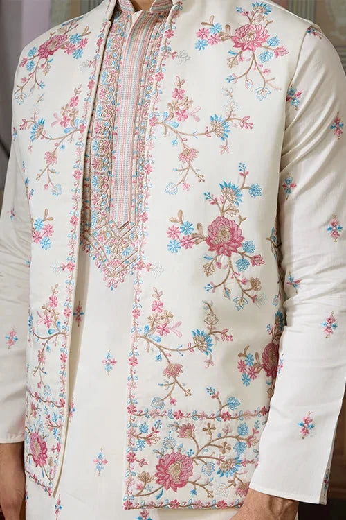 Ethnic White Embroidered Koti Kurta Set for Men