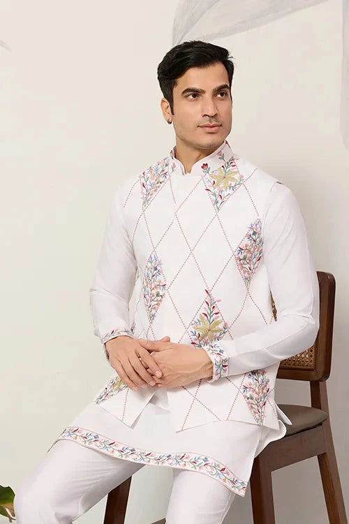 Elegant Wedding Special White Koti Kurta Pajama Set