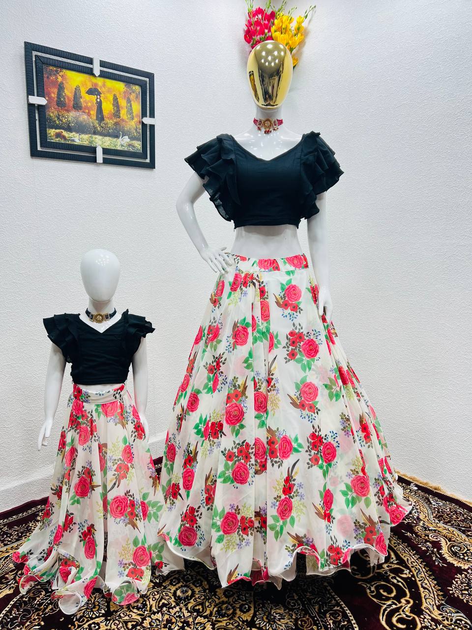 White Color Floral Printed Lehenga with Black Top Mother Daughter Combo