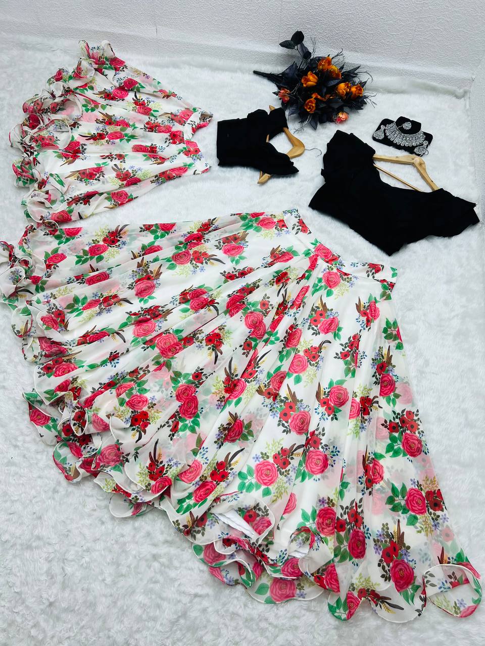 White Color Floral Printed Lehenga with Black Top Mother Daughter Combo