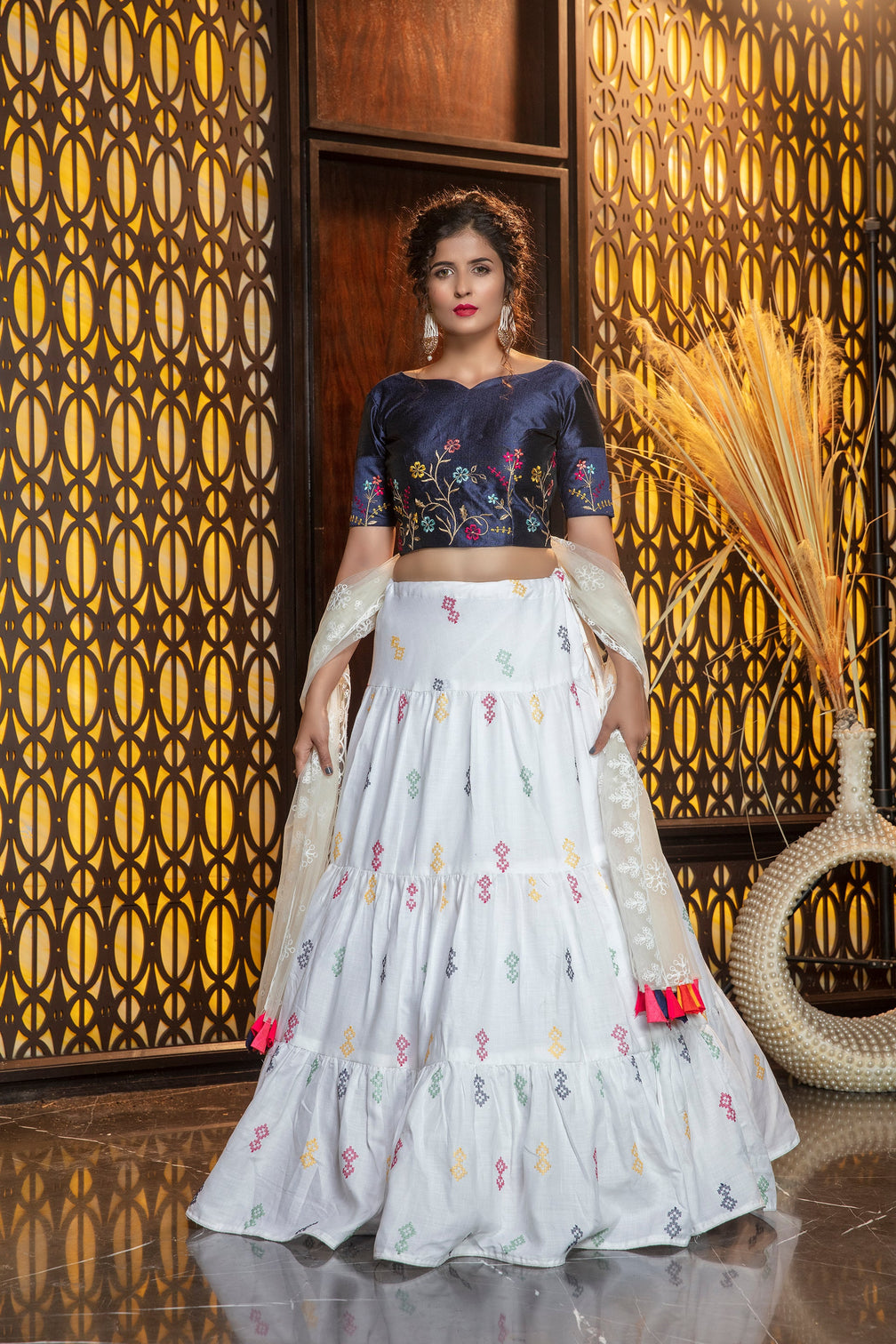 White Embroidered Cotton Semi Stitched Bridal Lehenga