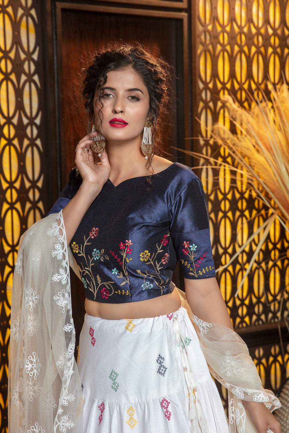White Embroidered Cotton Semi Stitched Bridal Lehenga