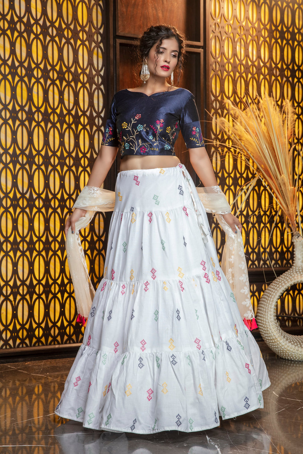 White Embroidered Cotton Semi Stitched Bridal Lehenga