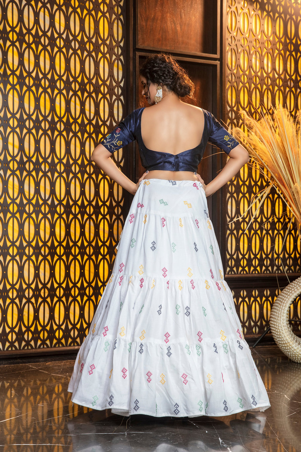 White Embroidered Cotton Semi Stitched Bridal Lehenga