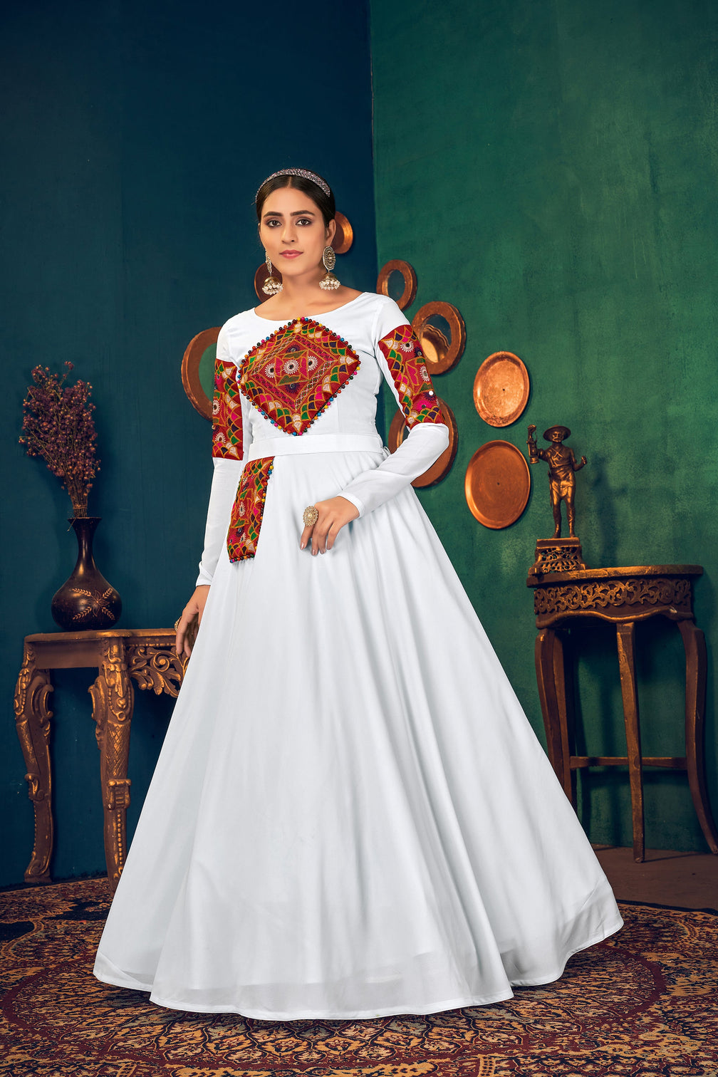 White Embroidered Georgette Evening Long Gown Semi Stitched