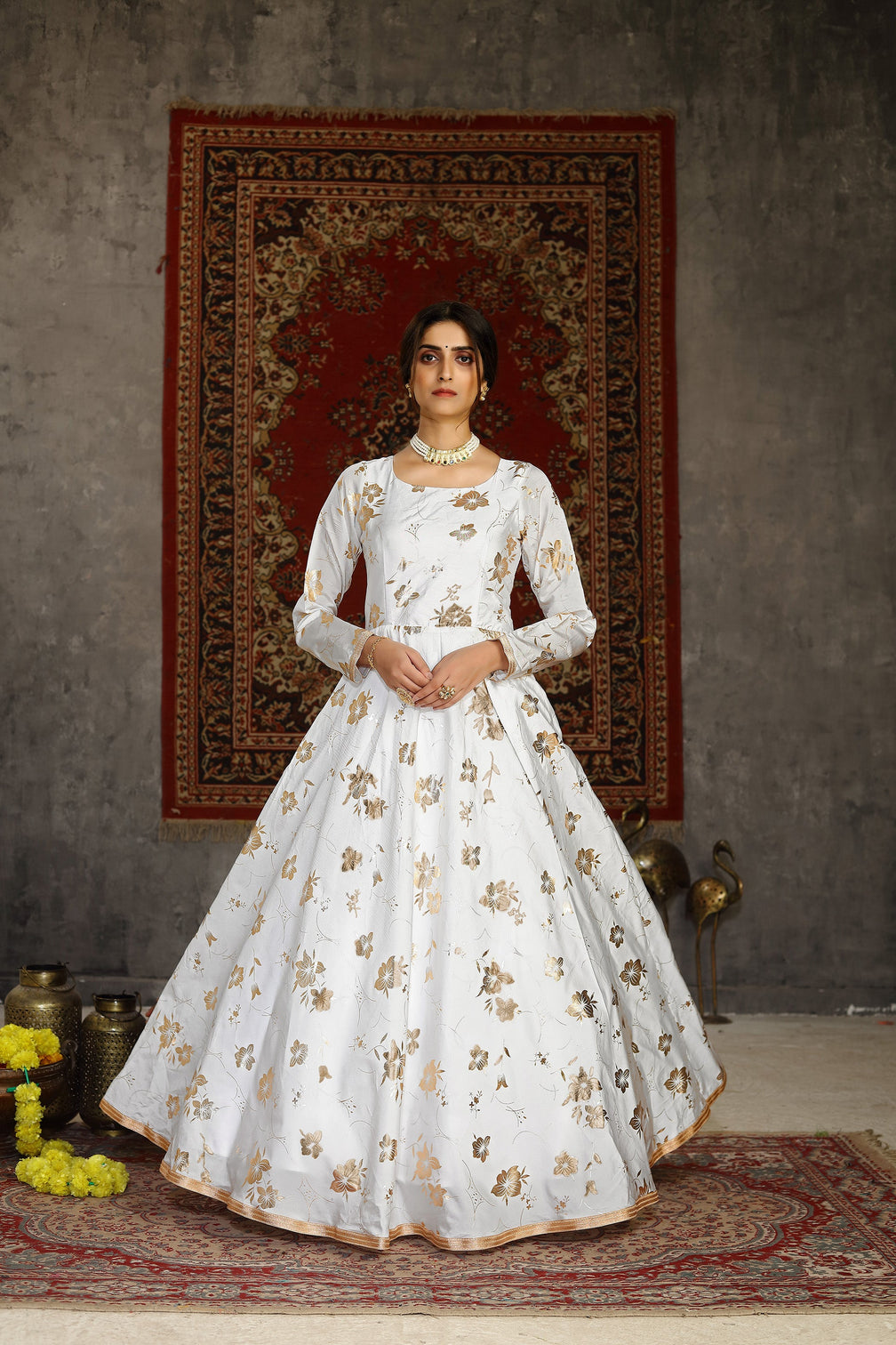 White Foilage Print Taffeta Silk Party Wear Gown Semi Stitched