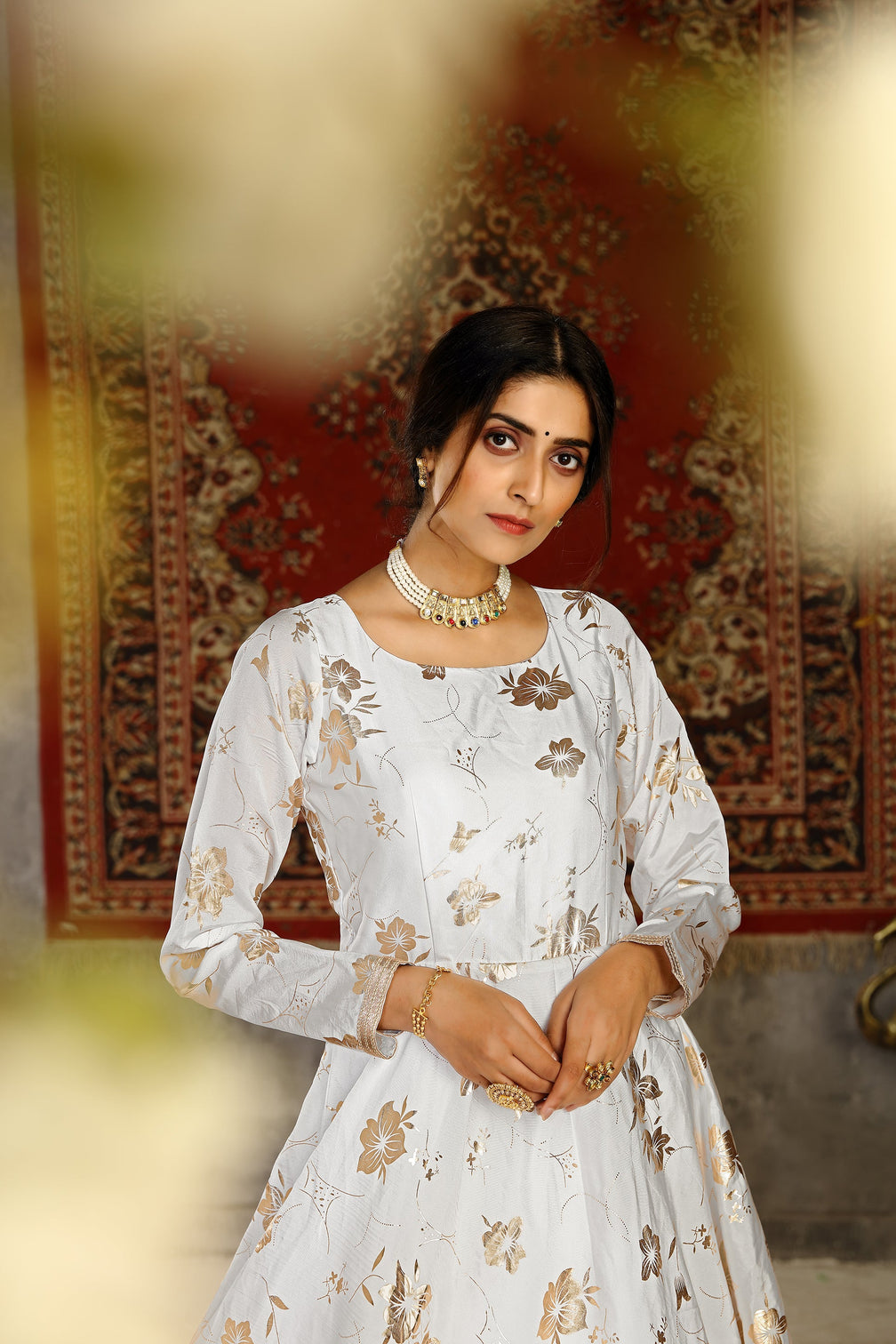 White Foilage Print Taffeta Silk Party Wear Gown Semi Stitched
