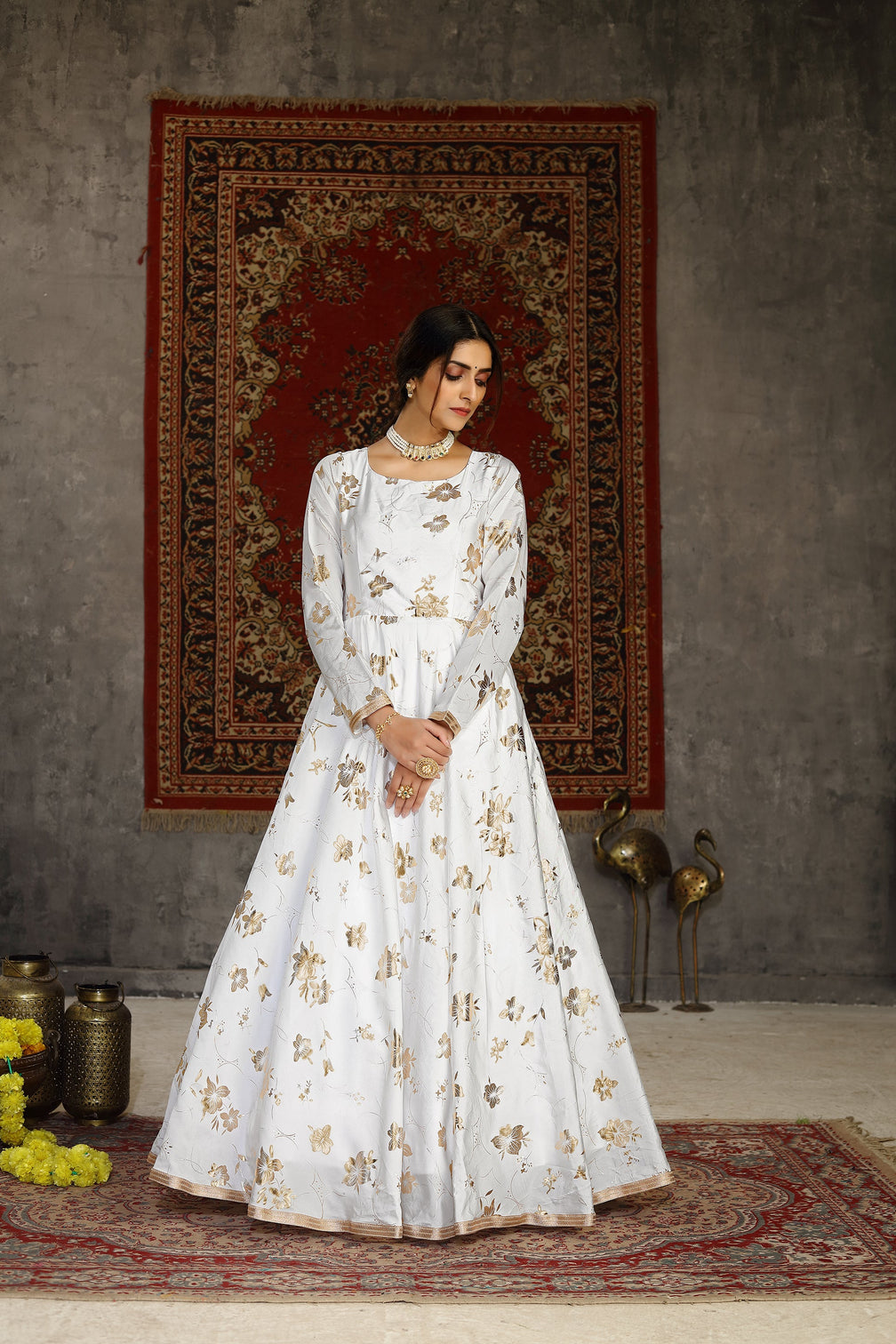 White Foilage Print Taffeta Silk Party Wear Gown Semi Stitched