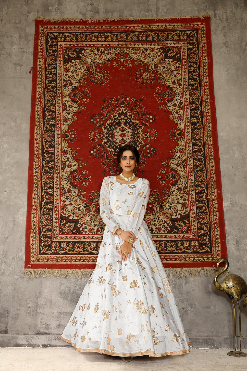 White Foilage Print Taffeta Silk Party Wear Gown Semi Stitched