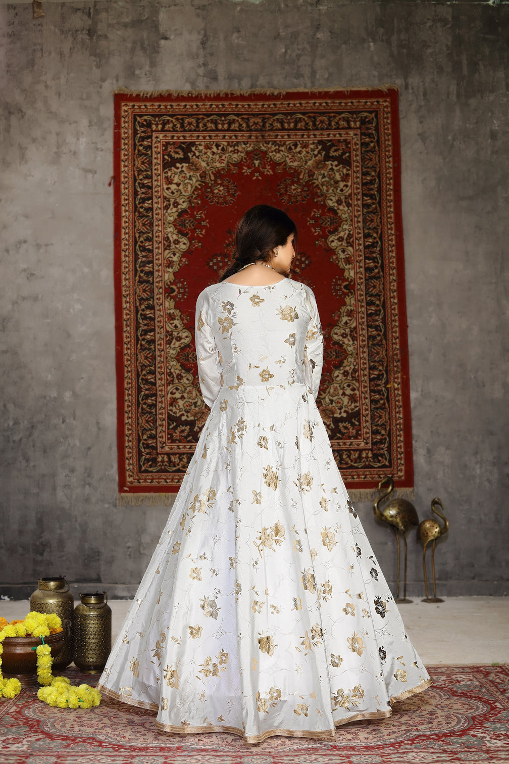 White Foilage Print Taffeta Silk Party Wear Gown Semi Stitched