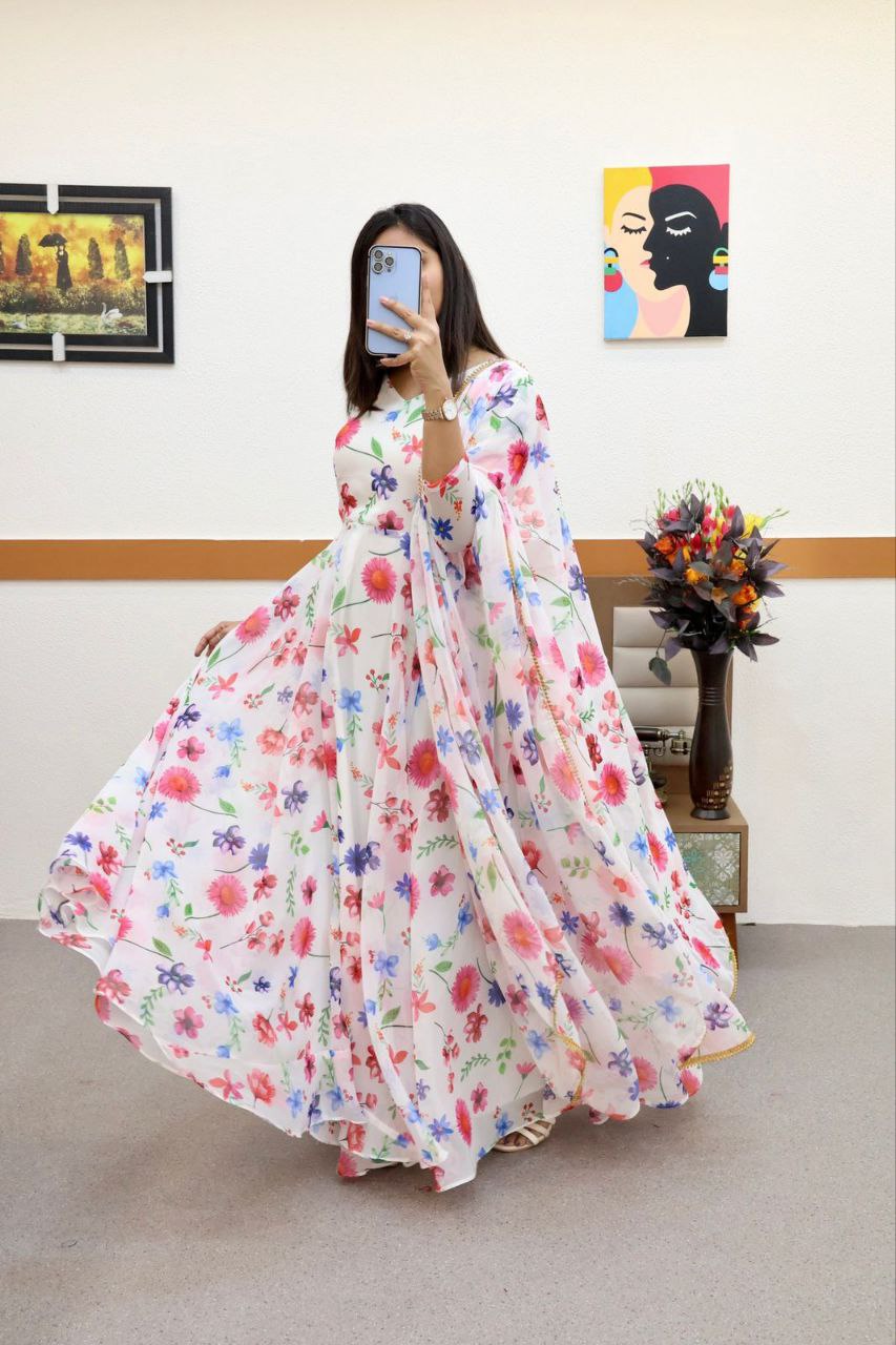 White Anarkali Gown in Faux Georgette with Digital Floral Print