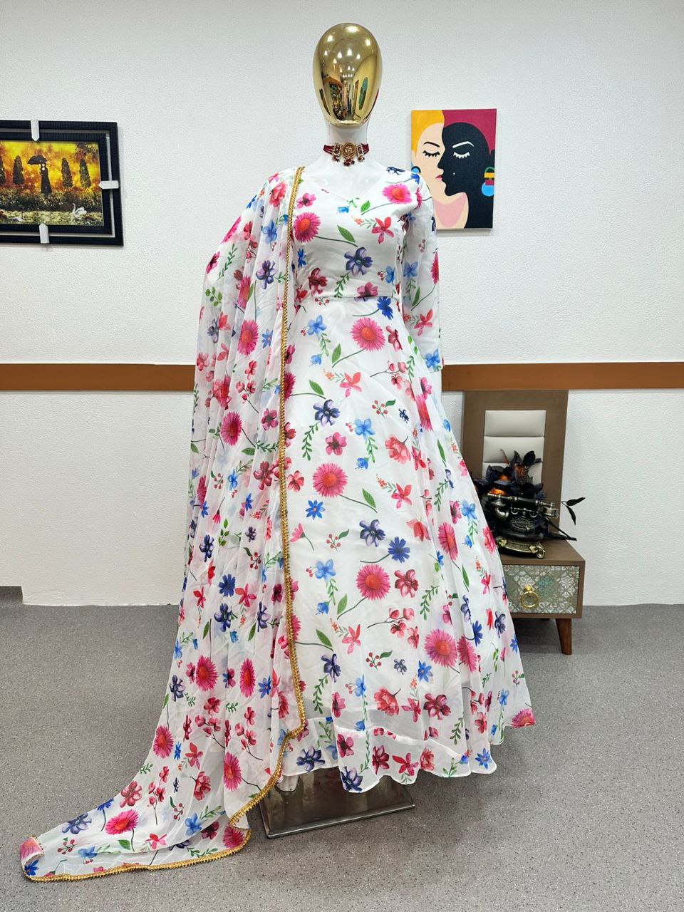 White Anarkali Gown in Faux Georgette with Digital Floral Print