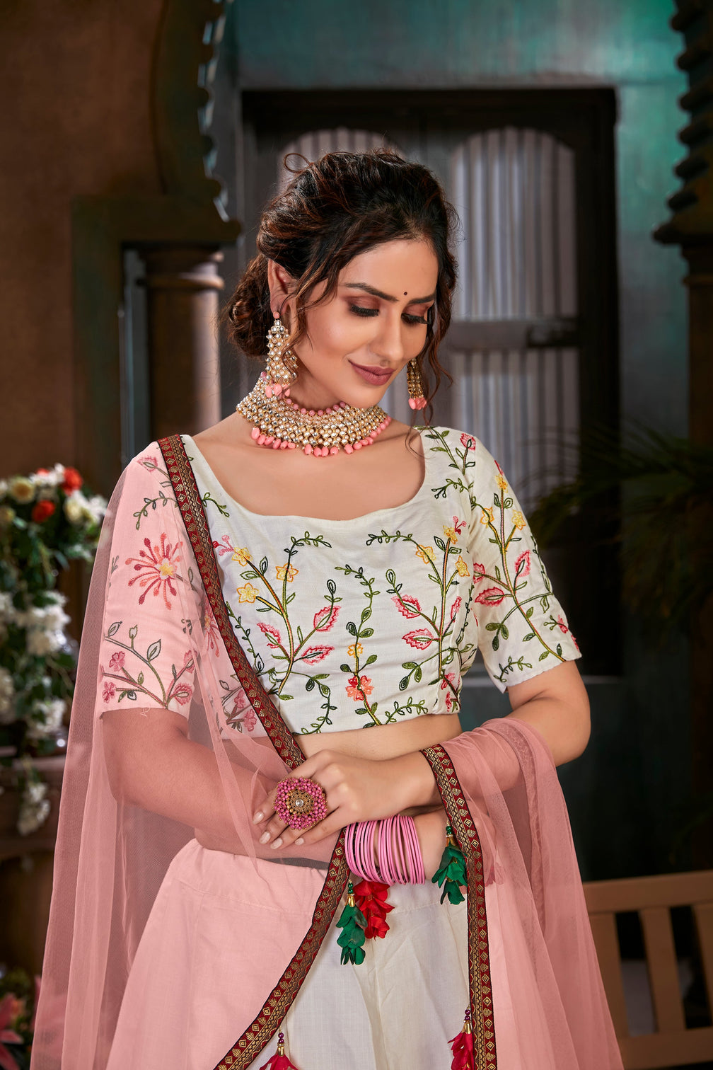 White Multi Thread Embroidered Cotton Wedding Wear Lehenga Choli