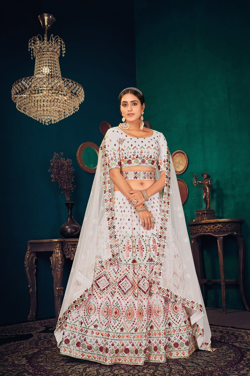 White Multi Thread Gotta Work Georgette Wedding Lehenga Choli