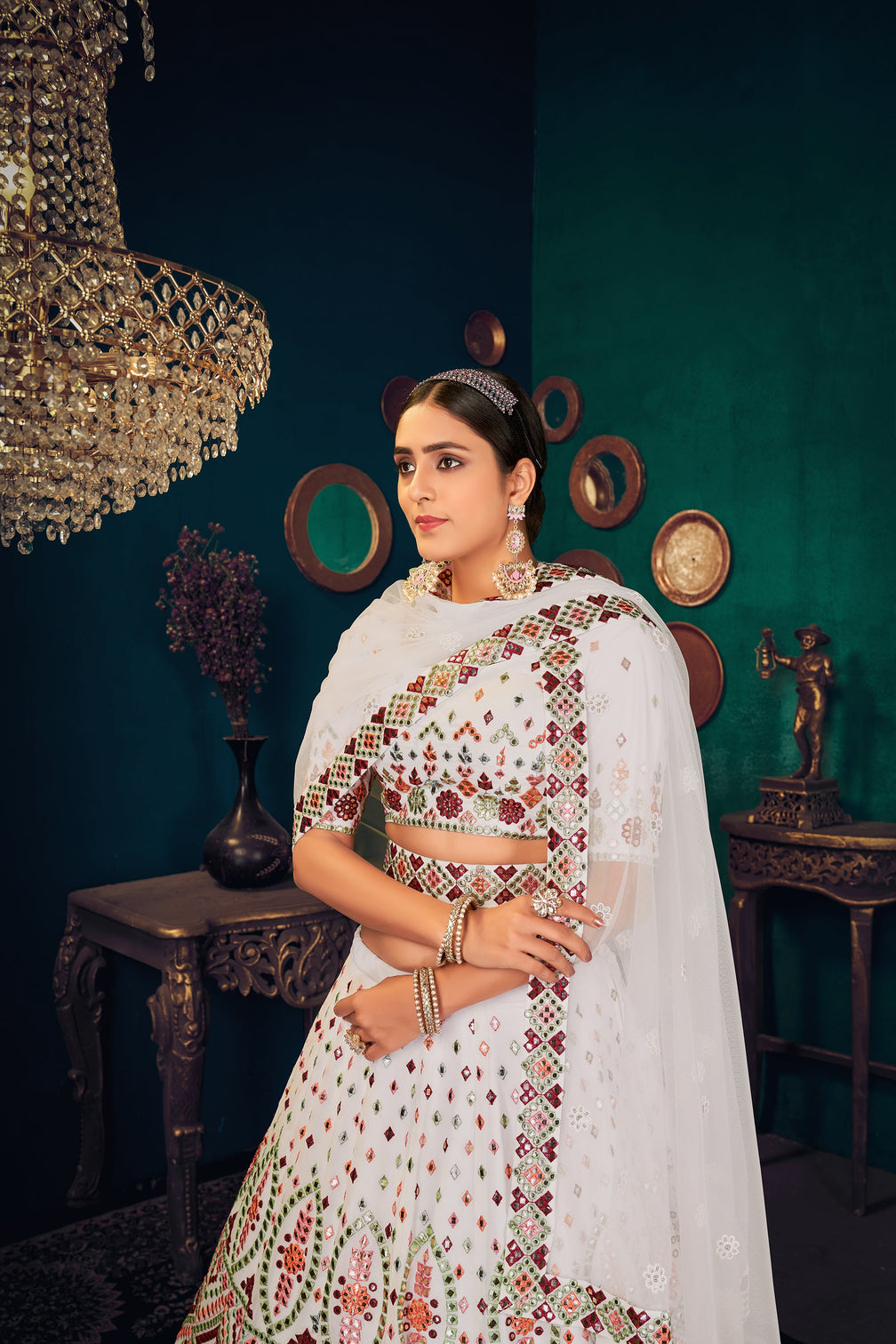White Multi Thread Gotta Work Georgette Wedding Lehenga Choli