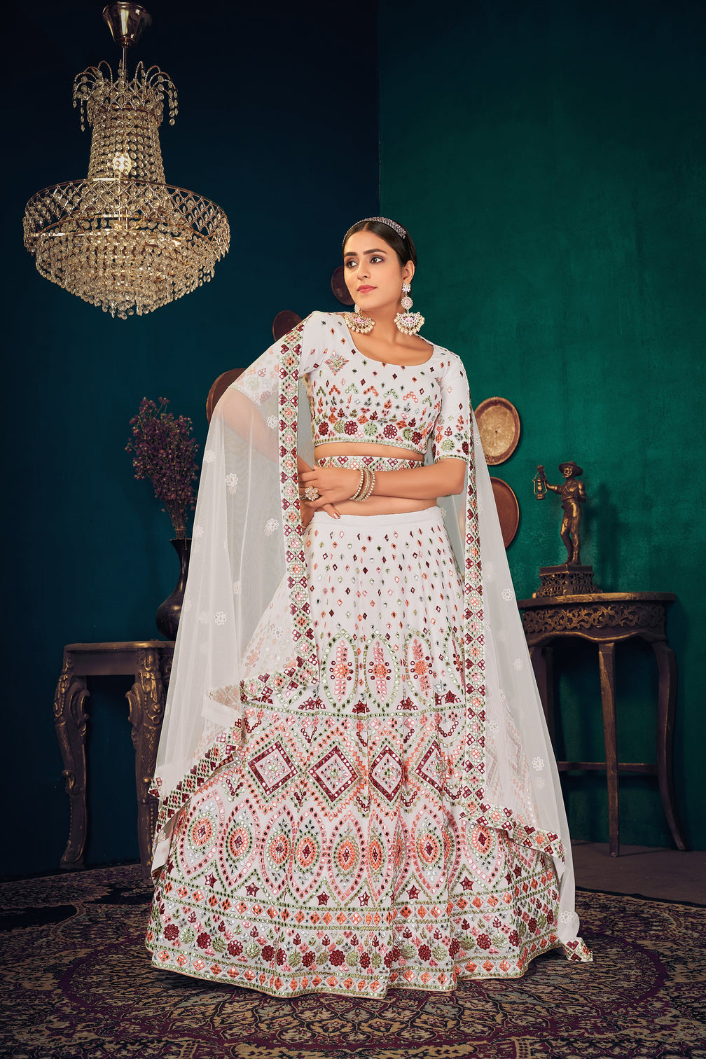 White Multi Thread Gotta Work Georgette Wedding Lehenga Choli