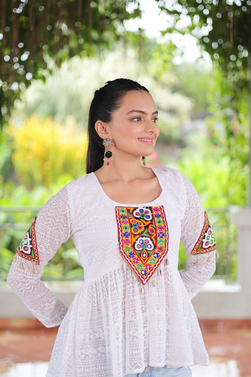 Navratri Special Georgette Schiffli Peplum Top with Kutchi Gamthi Patch Work