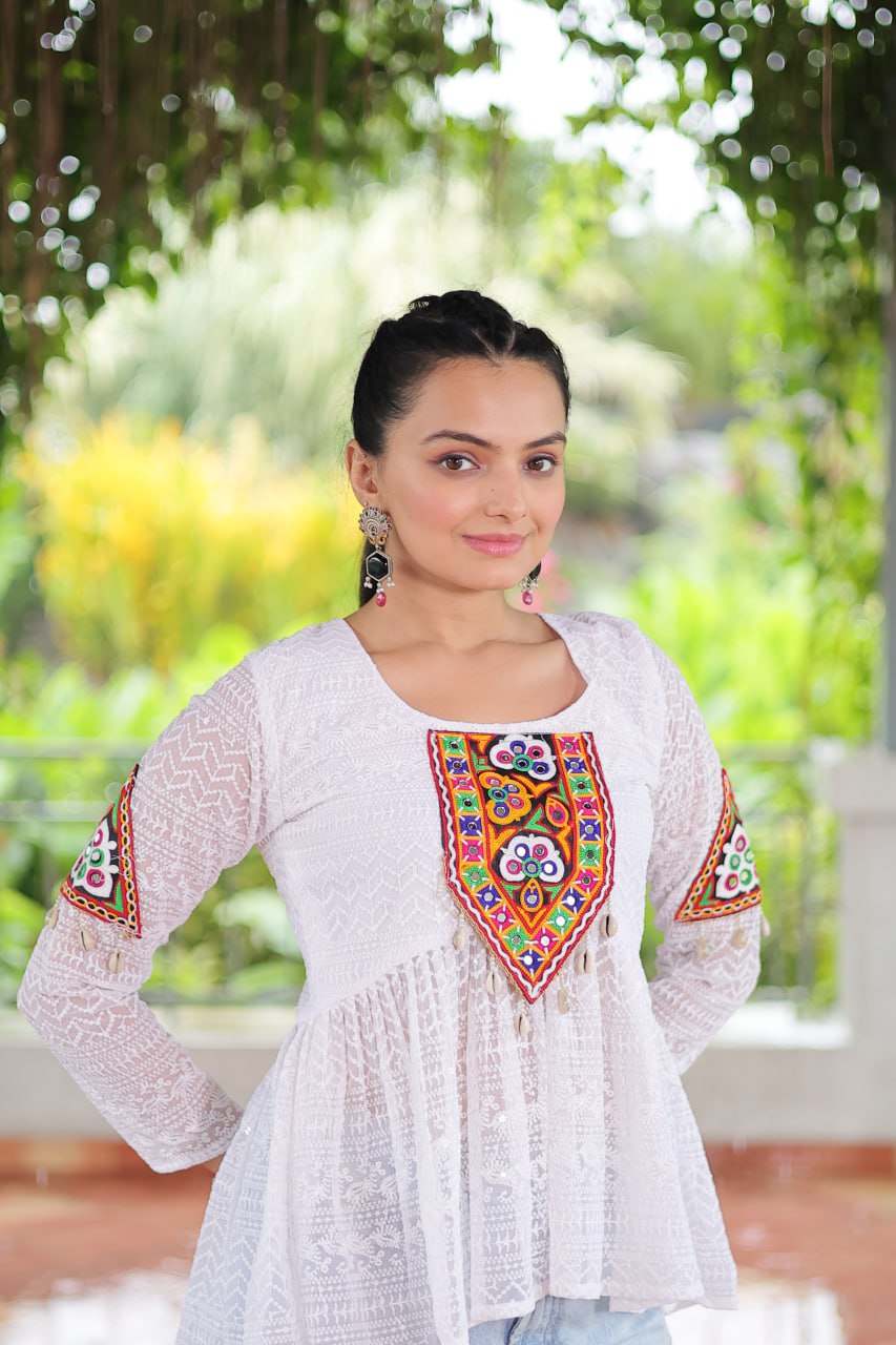 Navratri Special Georgette Schiffli Peplum Top with Kutchi Gamthi Patch Work