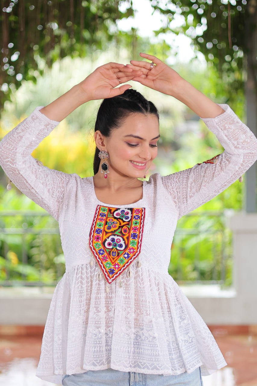 Navratri Special Georgette Schiffli Peplum Top with Kutchi Gamthi Patch Work