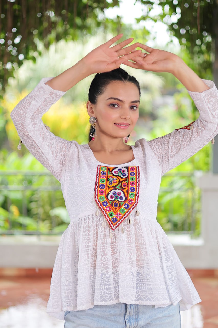 Navratri Special Georgette Schiffli Peplum Top with Kutchi Gamthi Patch Work