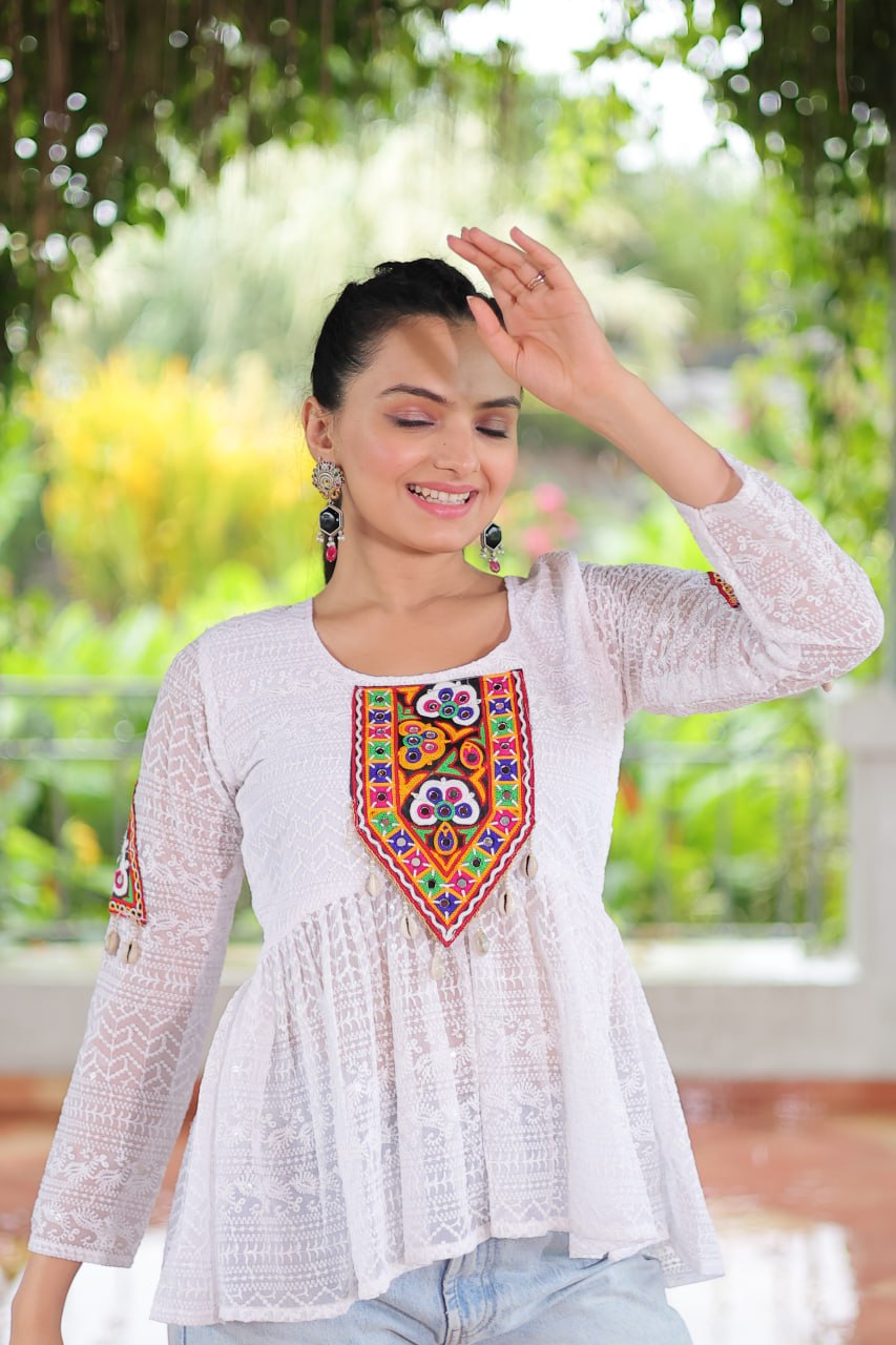 Navratri Special Georgette Schiffli Peplum Top with Kutchi Gamthi Patch Work