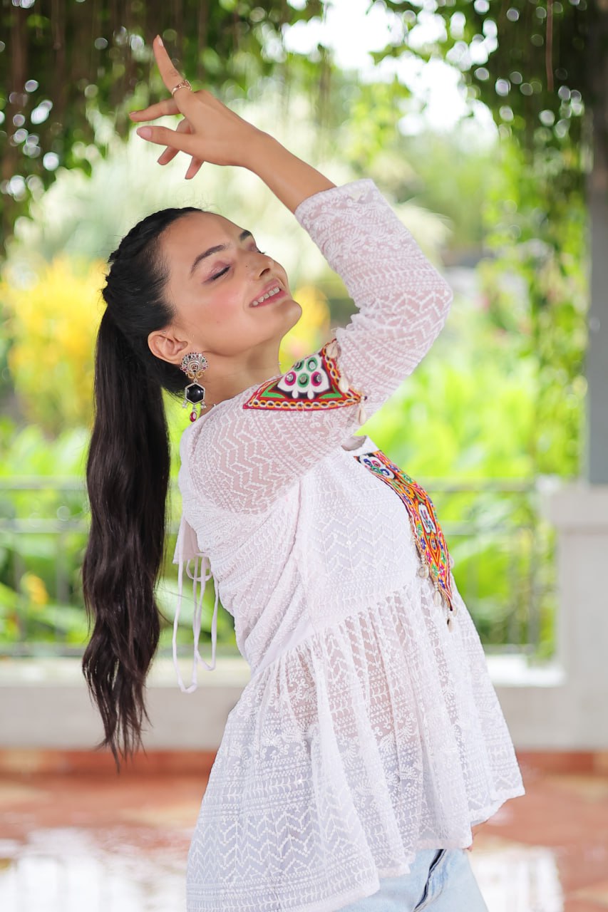 Navratri Special Georgette Schiffli Peplum Top with Kutchi Gamthi Patch Work