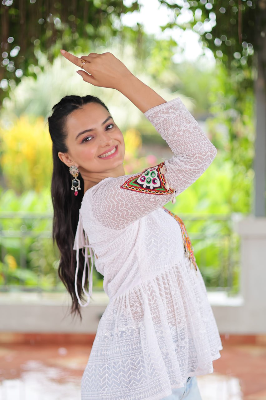 Navratri Special Georgette Schiffli Peplum Top with Kutchi Gamthi Patch Work