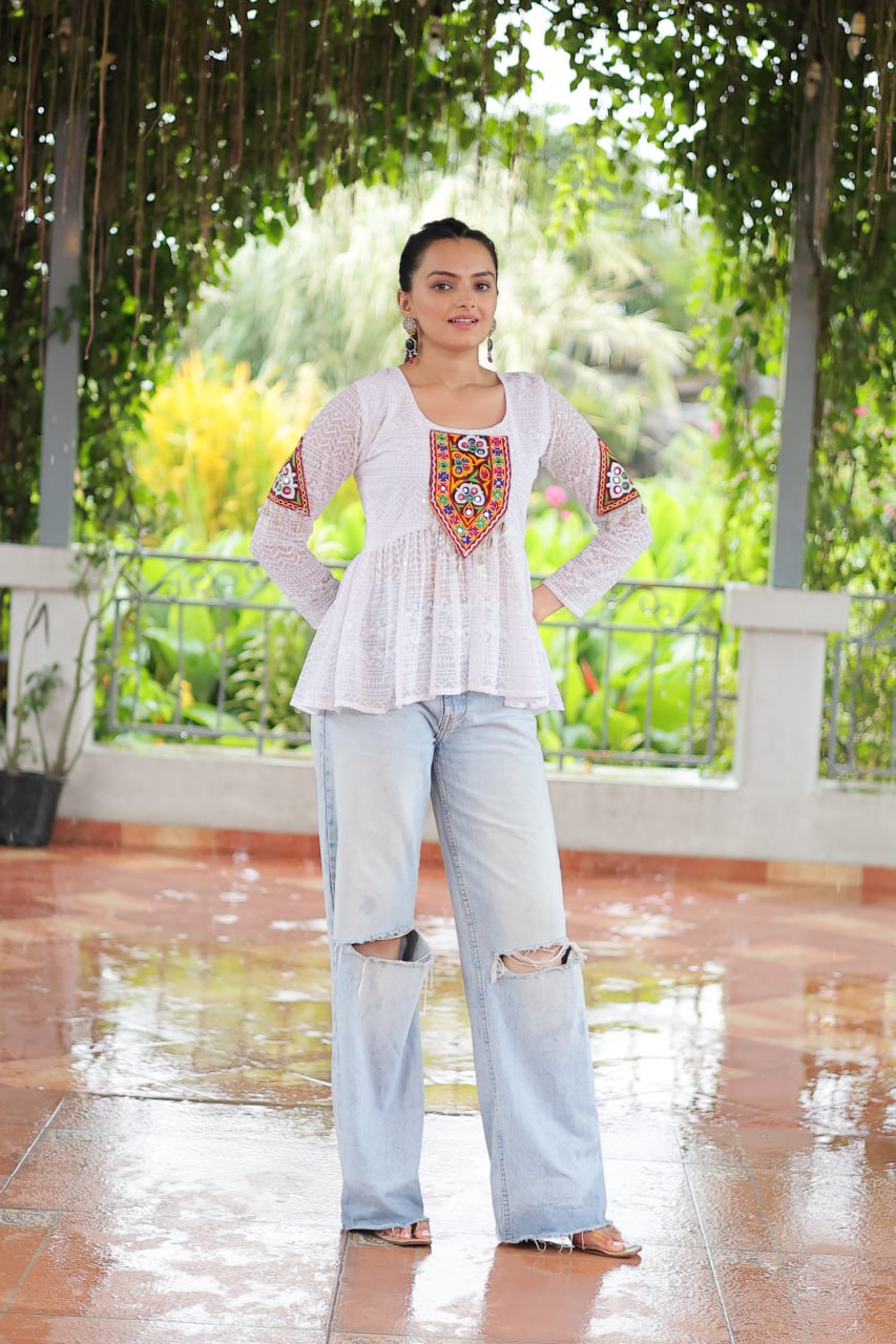 Navratri Special Georgette Schiffli Peplum Top with Kutchi Gamthi Patch Work