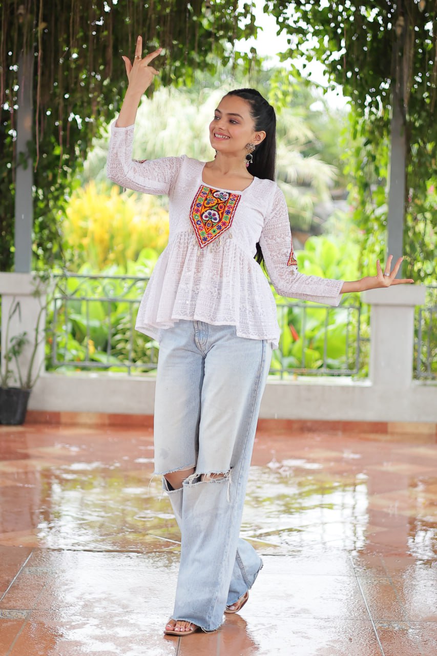 Navratri Special Georgette Schiffli Peplum Top with Kutchi Gamthi Patch Work