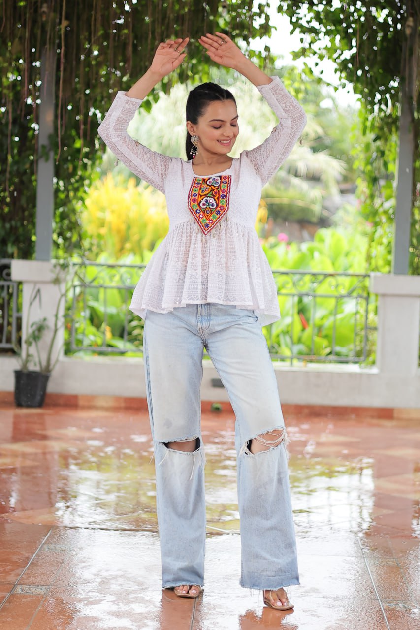 Navratri Special Georgette Schiffli Peplum Top with Kutchi Gamthi Patch Work