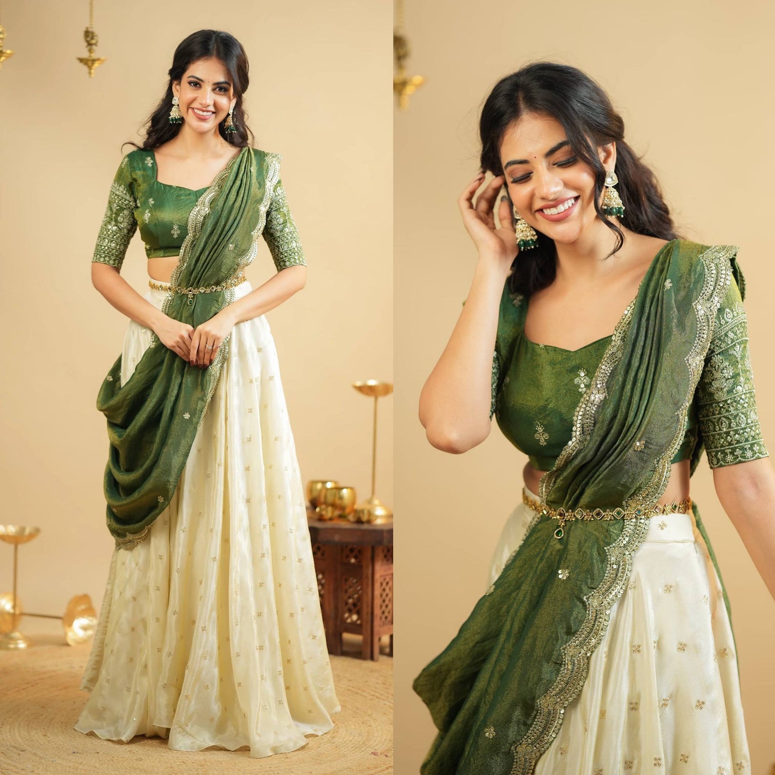 White Pure Crepe Silk Lehenga with Sequins & Zari Work and Shimmer Silk Green Dupatta