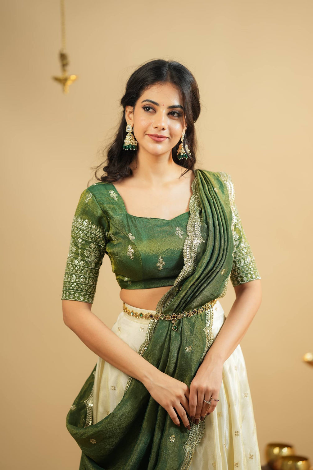 White Pure Crepe Silk Lehenga with Sequins & Zari Work and Shimmer Silk Green Dupatta