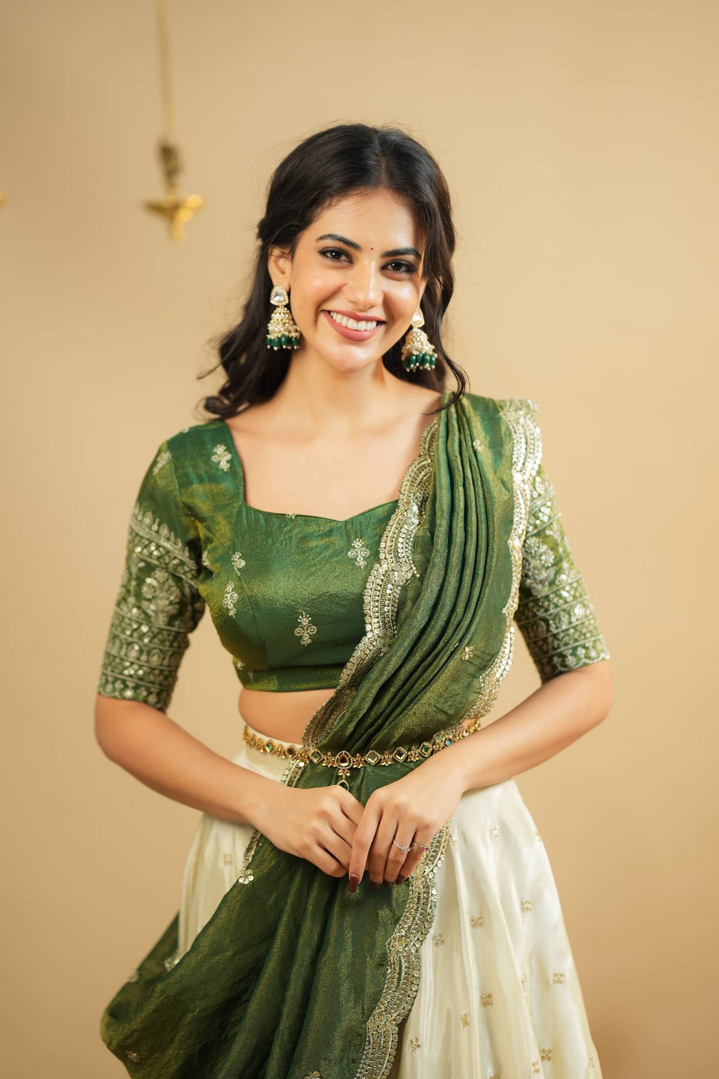White Pure Crepe Silk Lehenga with Sequins & Zari Work and Shimmer Silk Green Dupatta