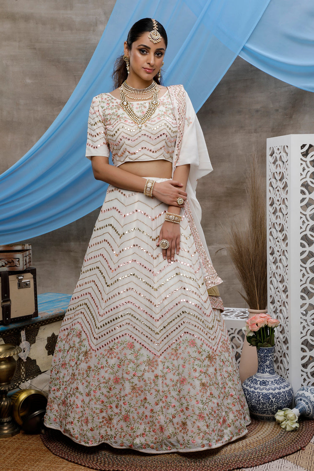 White Thread, Sequence And Gota Patti Embroidered Georgette Semi Stitched Bridal Lehenga
