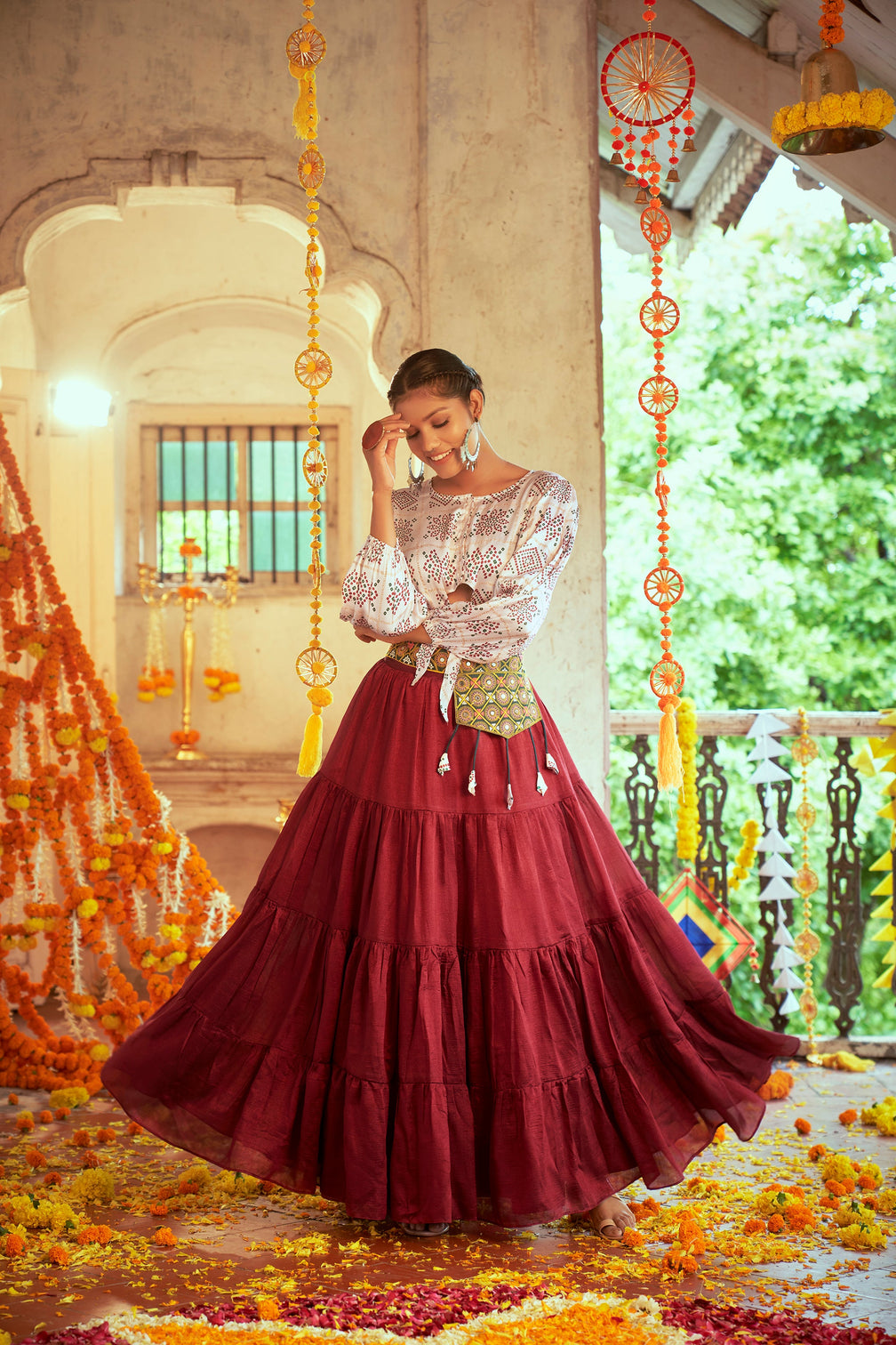 White With Red Color Navratri Special Ready To Wear Crop top Lehenga