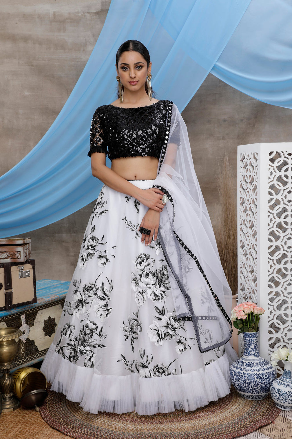 White & Black Multi Color Block Print With Sequins Embroidered Soft Organza Semi Stitched Bridal Lehenga Choli