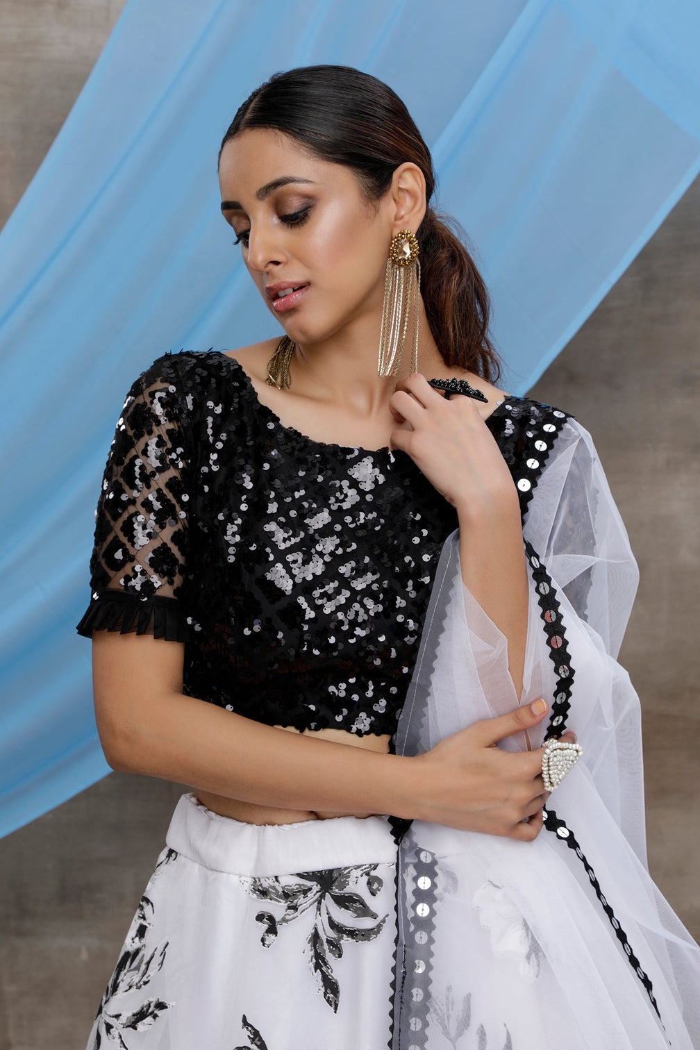 White & Black Multi Color Block Print With Sequins Embroidered Soft Organza Semi Stitched Bridal Lehenga Choli