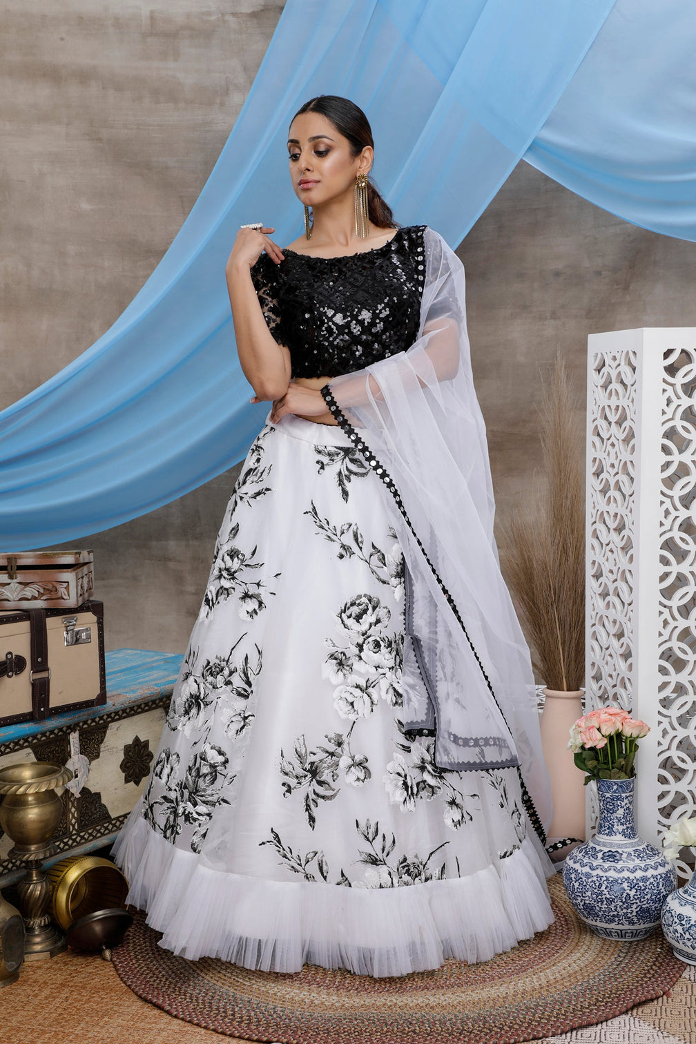 White & Black Multi Color Block Print With Sequins Embroidered Soft Organza Semi Stitched Bridal Lehenga Choli