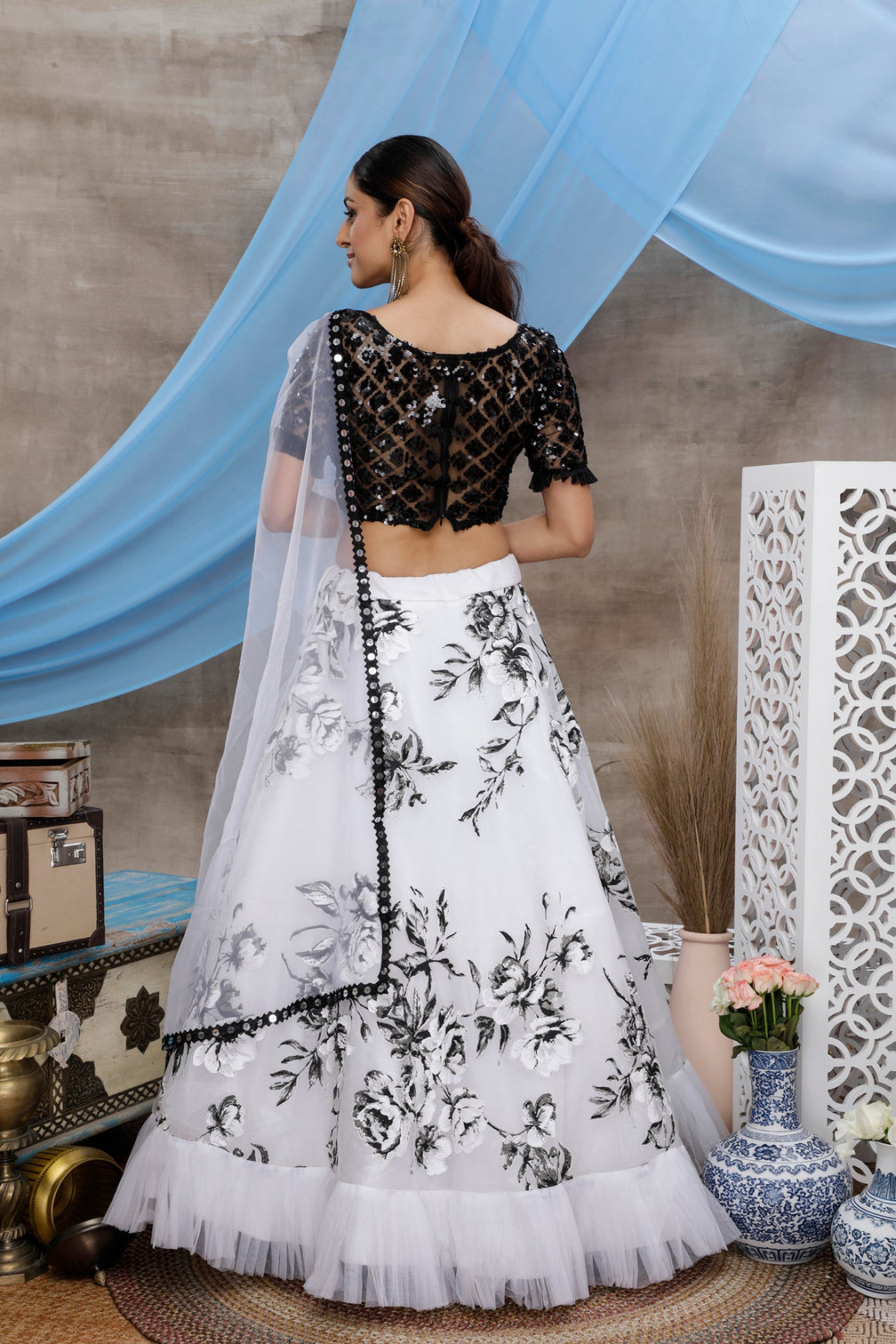 White & Black Multi Color Block Print With Sequins Embroidered Soft Organza Semi Stitched Bridal Lehenga Choli