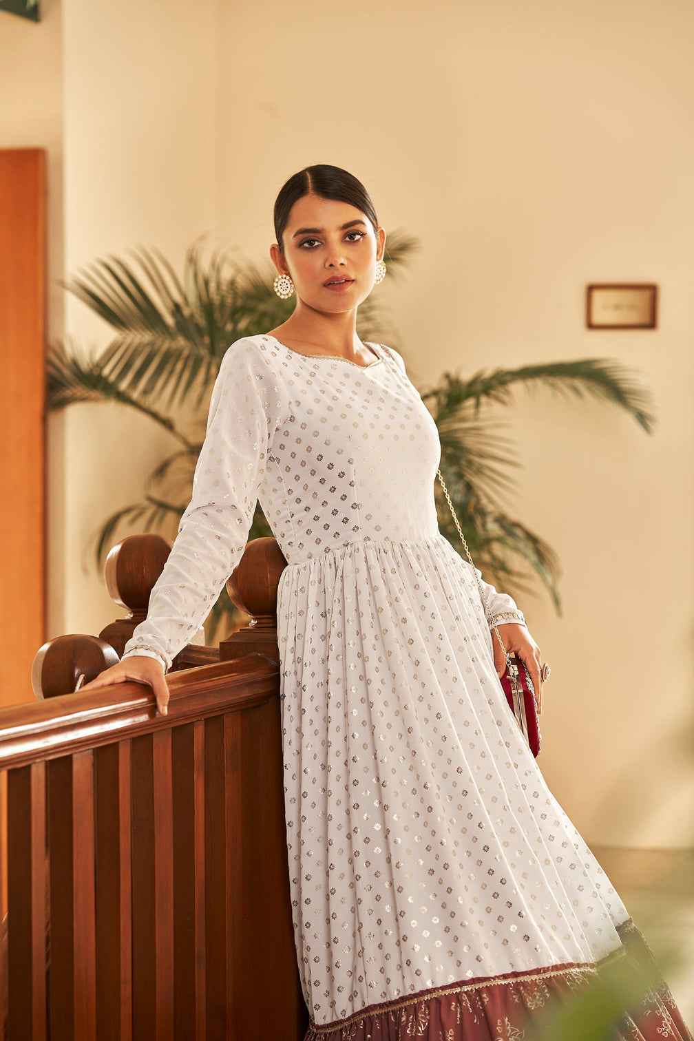 White & Brown Metallic Foilage Print Georgette Anarkali Long Gown Semi Stitched