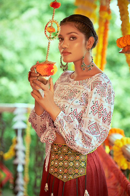 White Gajji Silk Printed Navratri Special Crop-Top Skirt