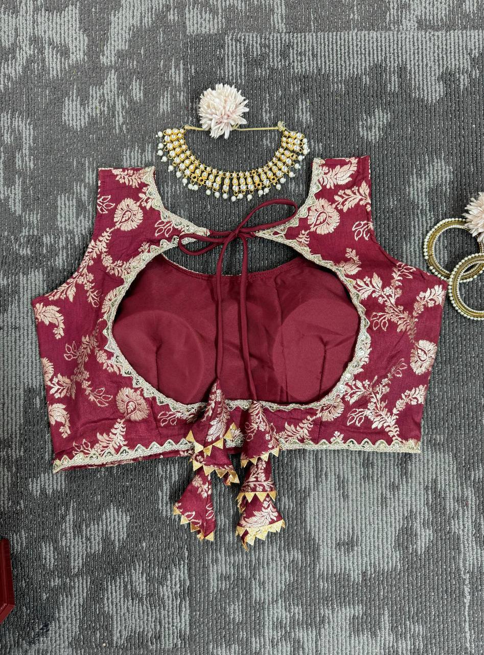 White & Maroon Glamorous Jequrd Semi-Stitched Lehenga Set with Sequins & Coding Work