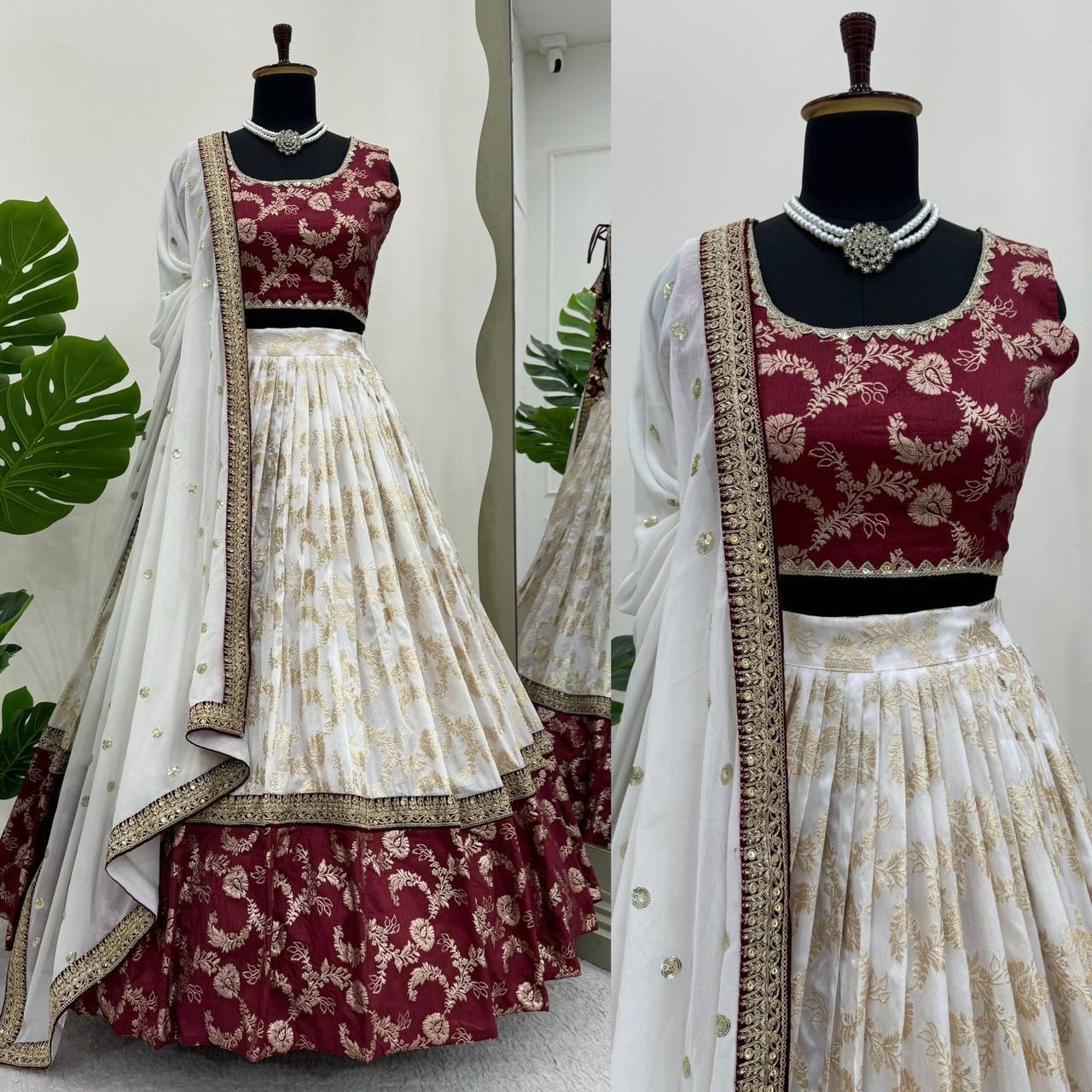 White & Maroon Glamorous Jequrd Semi-Stitched Lehenga Set with Sequins & Coding Work
