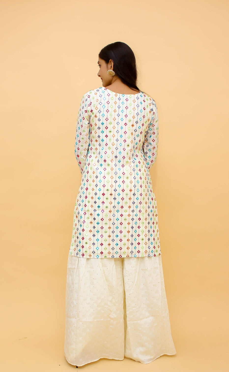 White Pakistani Georgette Plazo Suit For Indian Festival & Weddings - Thread Embroidery Work, Foil Mirror Work,