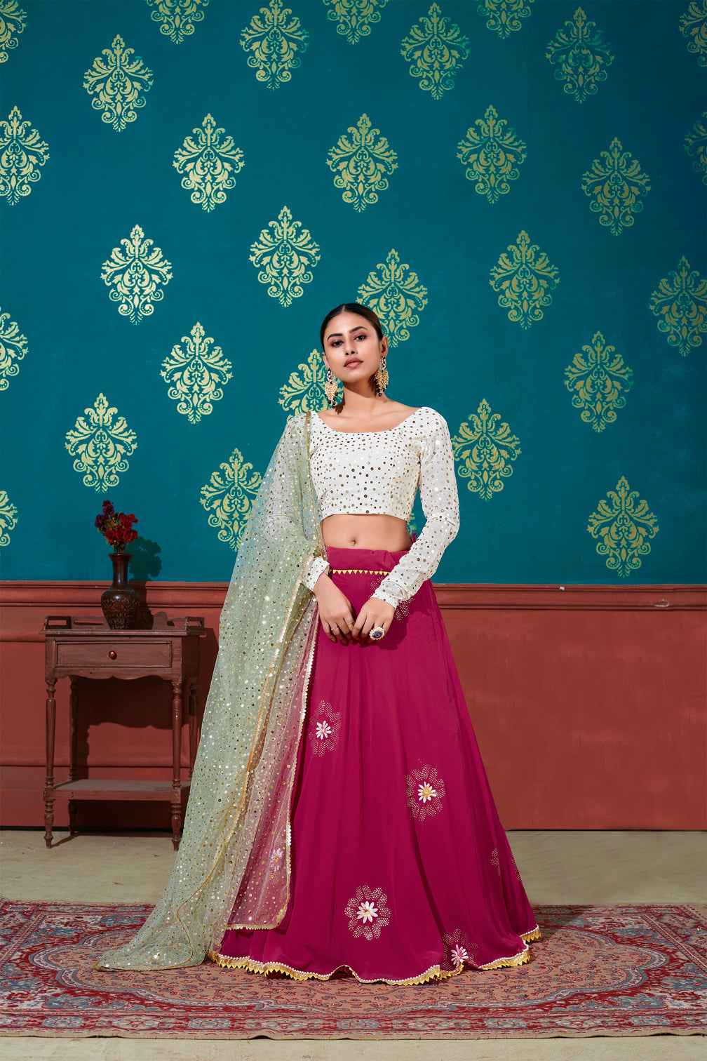 White & Pink Foil Printed Georgette Party Wear Lehenga Choli
