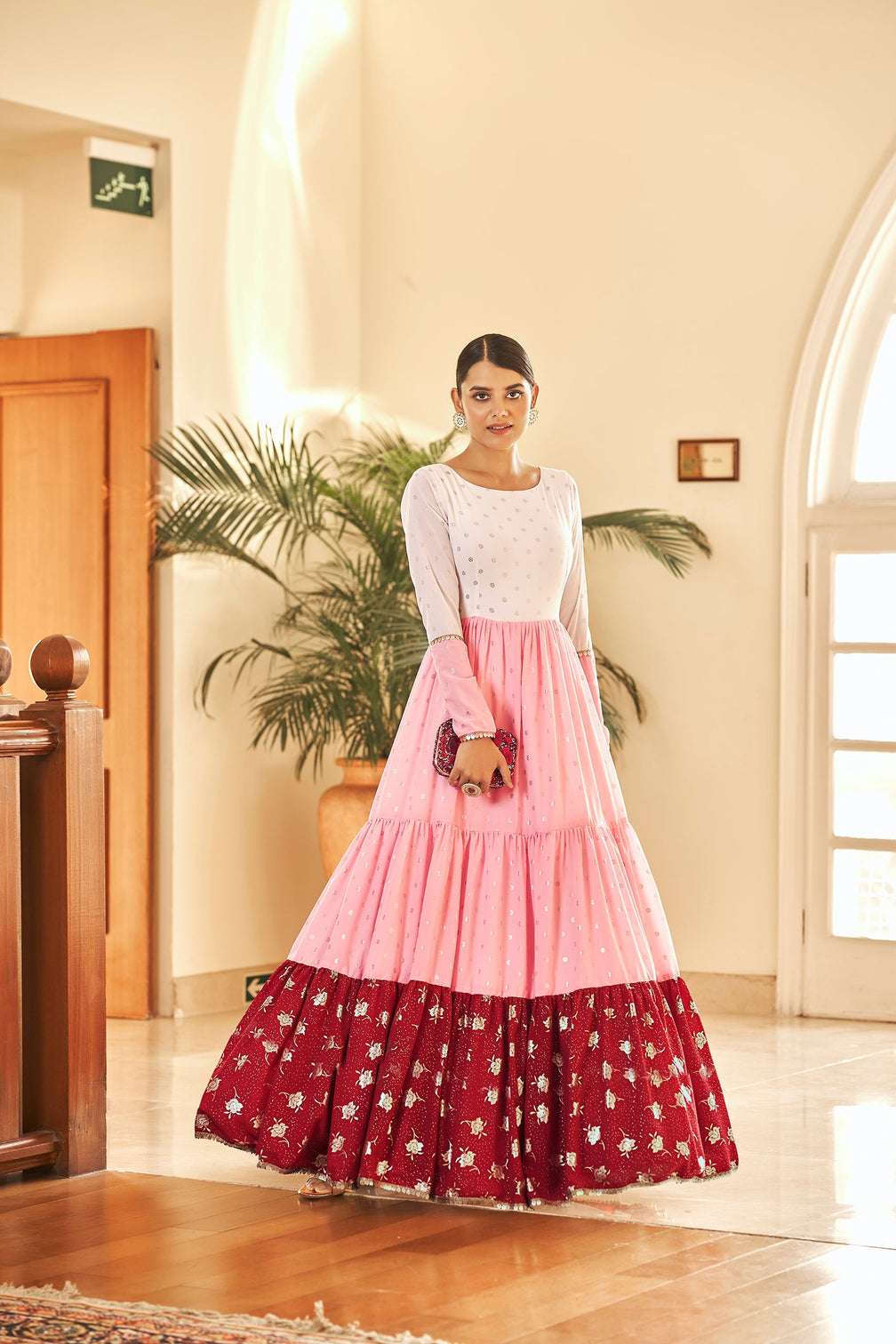 White & Pink & Maroon Metallic Foilage Print Georgette Anarkali Long Gown Semi Stitched